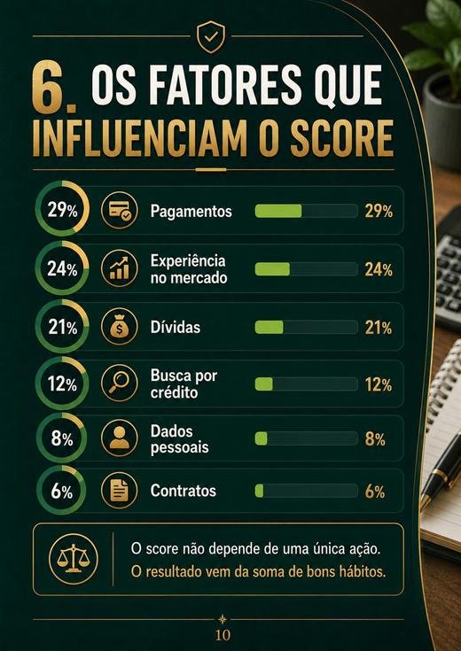 Página 10 do manual: os fatores que influenciam o score, com o percentual de cada um
